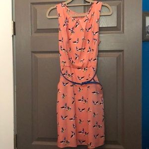 Peach dress with blue bird design